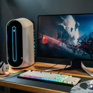 Gaming desk setup with PC and monitor