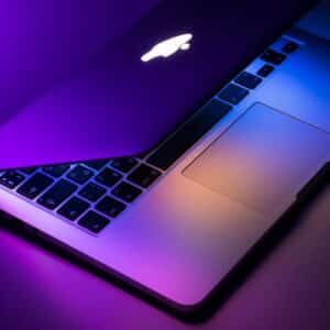 Silver laptop open on a desk